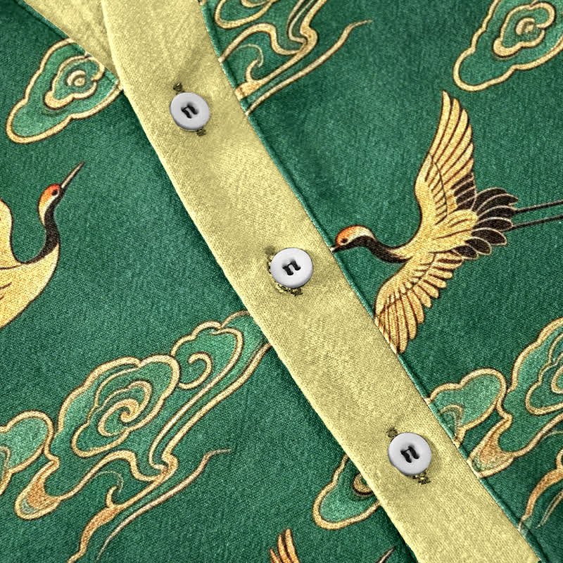 Buddha Stones Cotton Golden Crane Auspicious Clouds Pattern Men's Short Sleeve Half Button Shirt - image 3