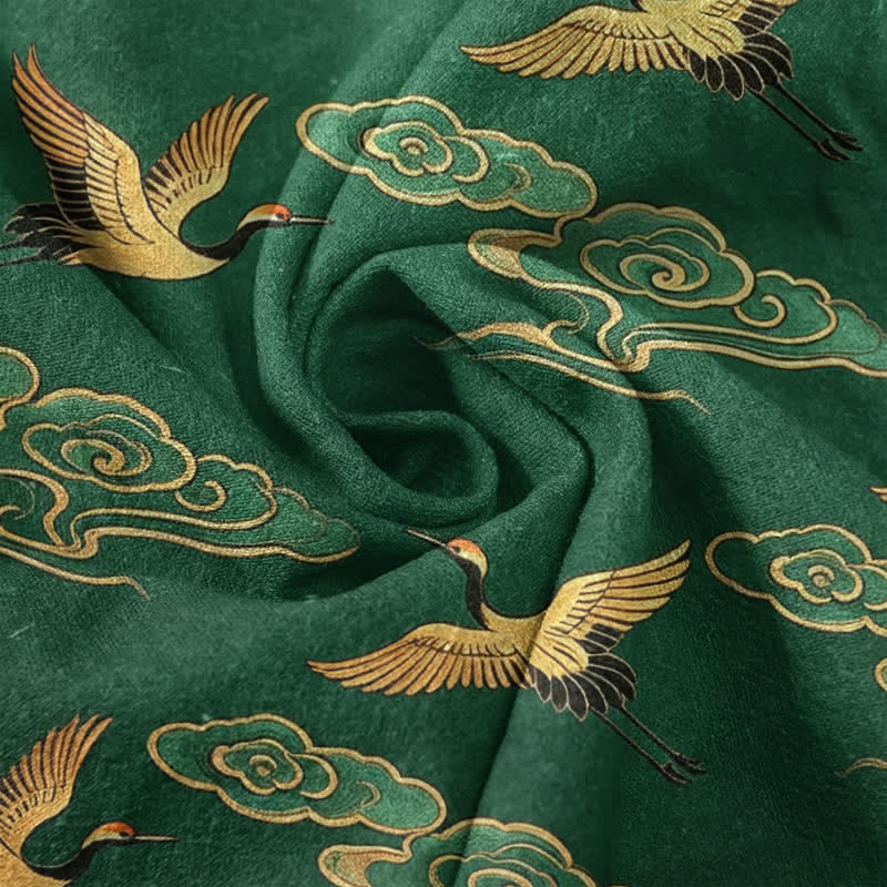Buddha Stones Cotton Golden Crane Auspicious Clouds Pattern Men's Short Sleeve Half Button Shirt - image 4