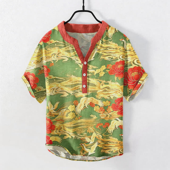 Buddha Stones Cotton Vintage White Crane Peony Pattern Men's Short Sleeve Half Button Shirt - LawnGreen - US/UK/AU50，EU60 (5XL) - image 7