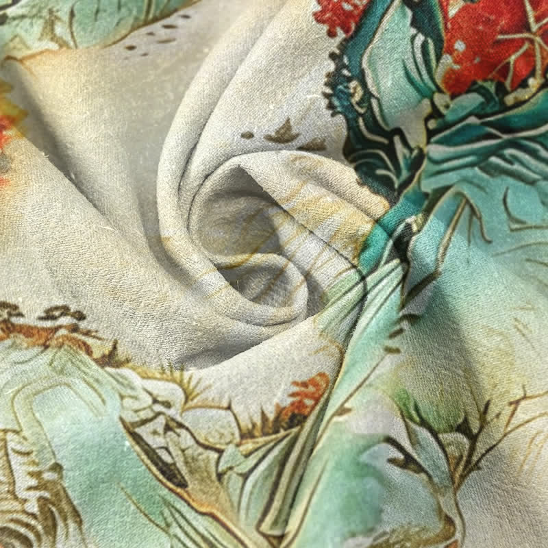 Buddha Stones Cotton Oriental Landscape Pagodas Mountains Pattern Men's Short Sleeve Half Button Shirt - image 2