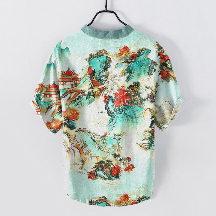 Buddha Stones Cotton Oriental Landscape Pagodas Mountains Pattern Men's Short Sleeve Half Button Shirt - image 4