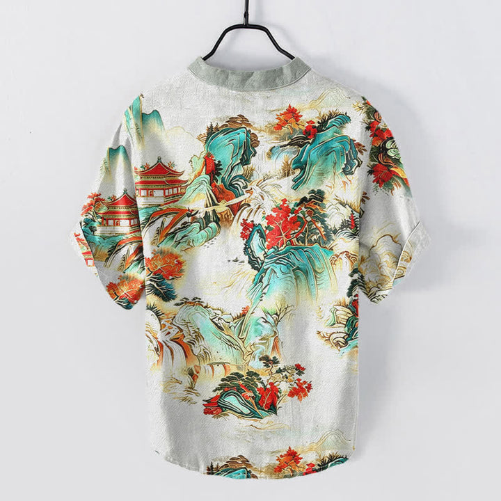 Buddha Stones Cotton Oriental Landscape Pagodas Mountains Pattern Men's Short Sleeve Half Button Shirt - image 6