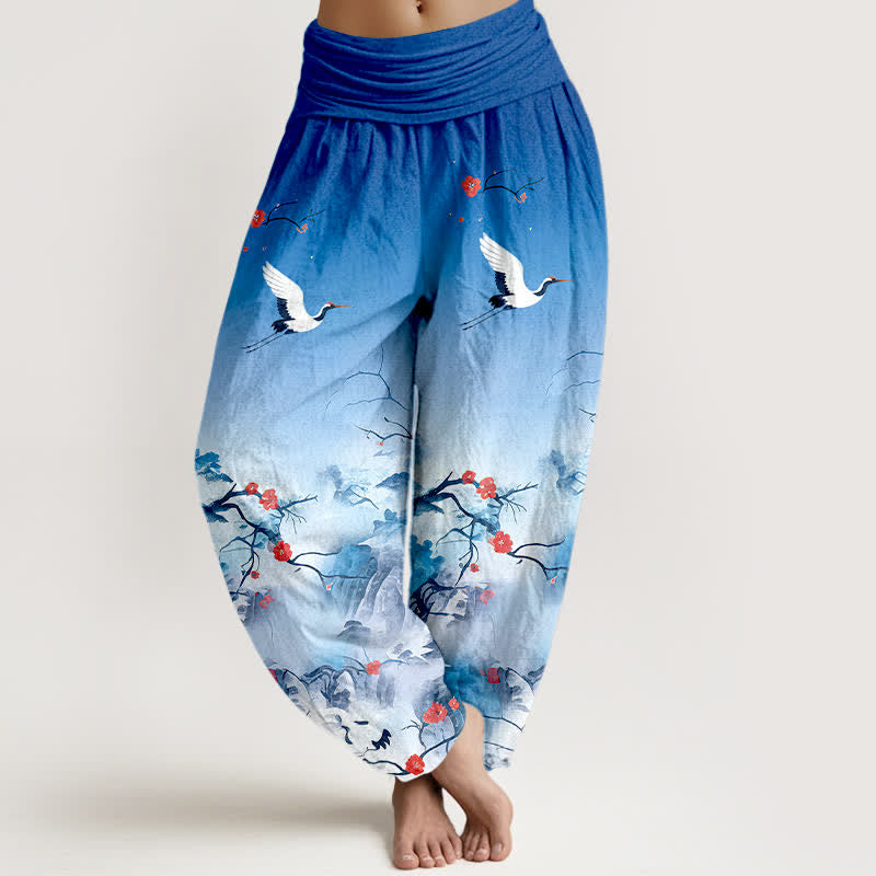 Buddha Stones Pure Cotton Blue Ombre Crane Blossom Pattern Women's Elastic Waist Harem Pants - SkyBlue - US16，UK/AU20，EU48 (3XL) - image 0