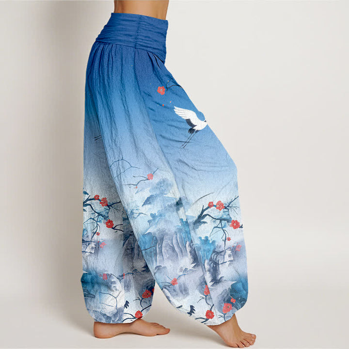Buddha Stones Pure Cotton Blue Ombre Crane Blossom Pattern Women's Elastic Waist Harem Pants - image 2
