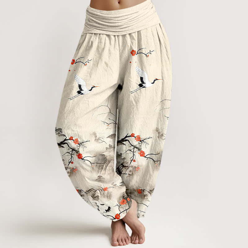 Buddha Stones Pure Cotton Blue Ombre Crane Blossom Pattern Women's Elastic Waist Harem Pants - Linen - US16，UK/AU20，EU48 (3XL) - image 8