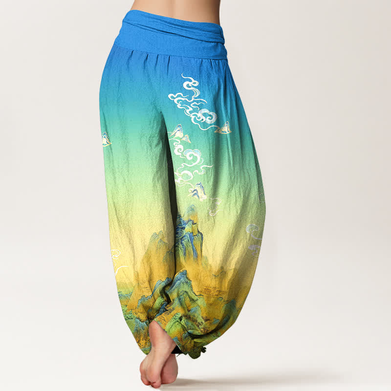 Buddha Stones Pure Cotton Ink Wash Mountain Gradient Pattern Women's Elastic Waist Harem Pants - image 1
