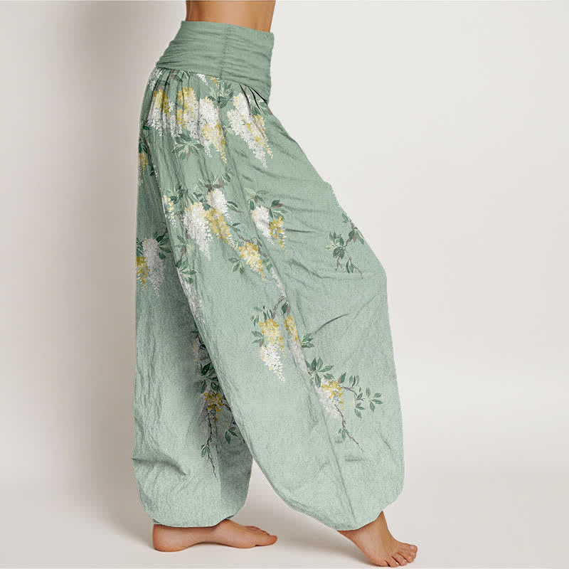 Buddha Stones Pure Cotton White Yellow Blossom Cluster Pattern Women's Elastic Waist Harem Pants - image 2