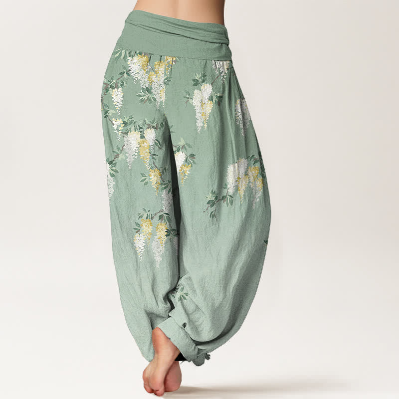 Buddha Stones Pure Cotton White Yellow Blossom Cluster Pattern Women's Elastic Waist Harem Pants - image 1