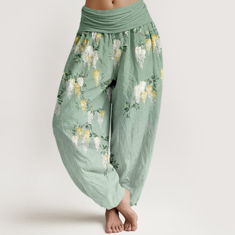 Buddha Stones Pure Cotton White Yellow Blossom Cluster Pattern Women's Elastic Waist Harem Pants - LightGreen - US16，UK/AU20，EU48 (3XL) - image 0
