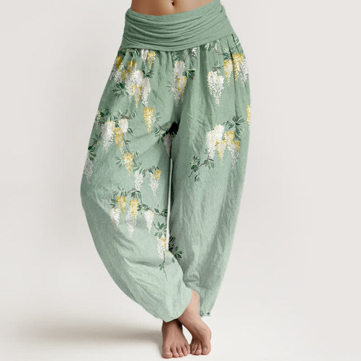 Buddha Stones Pure Cotton White Yellow Blossom Cluster Pattern Women's Elastic Waist Harem Pants - LightGreen - US16，UK/AU20，EU48 (3XL) - image 0