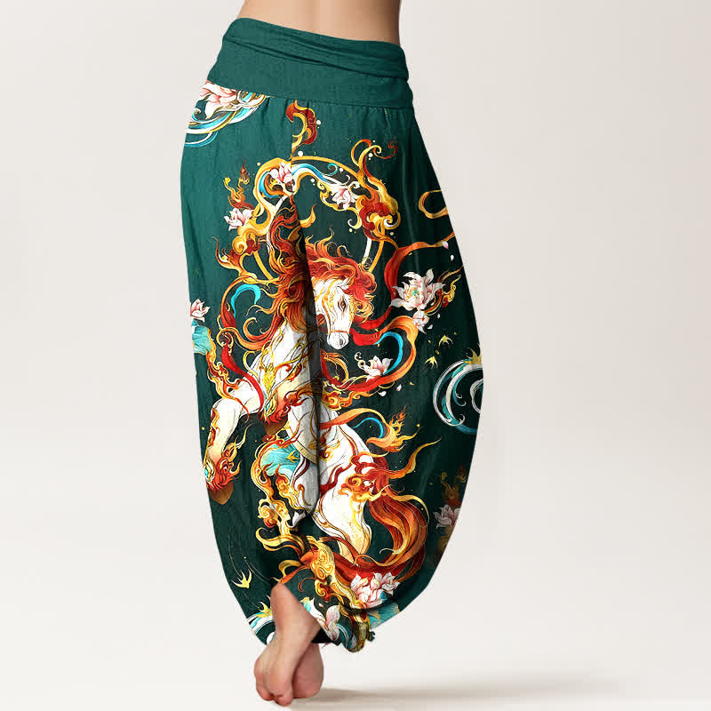 Buddha Stones Pure Cotton Mythical Phoenix Flame Pattern Women's Elastic Waist Harem Pants - image 1