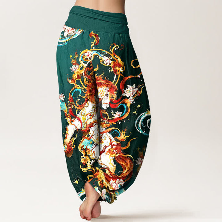 Buddha Stones Pure Cotton Mythical Phoenix Flame Pattern Women's Elastic Waist Harem Pants - image 1