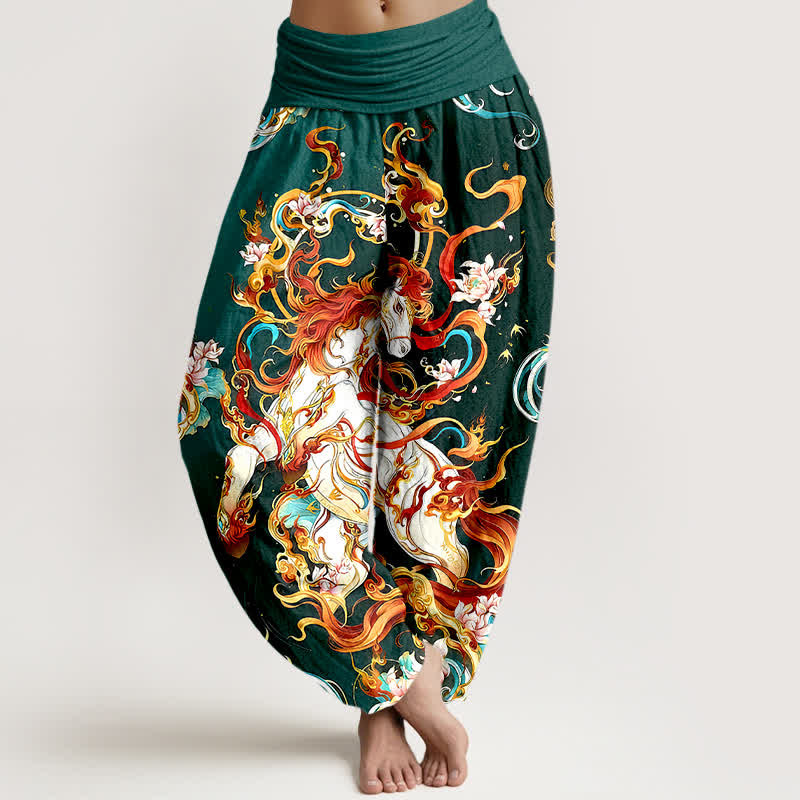 Buddha Stones Pure Cotton Mythical Phoenix Flame Pattern Women's Elastic Waist Harem Pants - ForestGreen - US16，UK/AU20，EU48 (3XL) - image 0