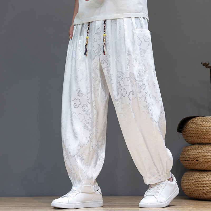 Buddha Stones Summer Drawstring Cloud Pattern Solid Elastic Waist Men's Harem Pants With Pockets - image 19