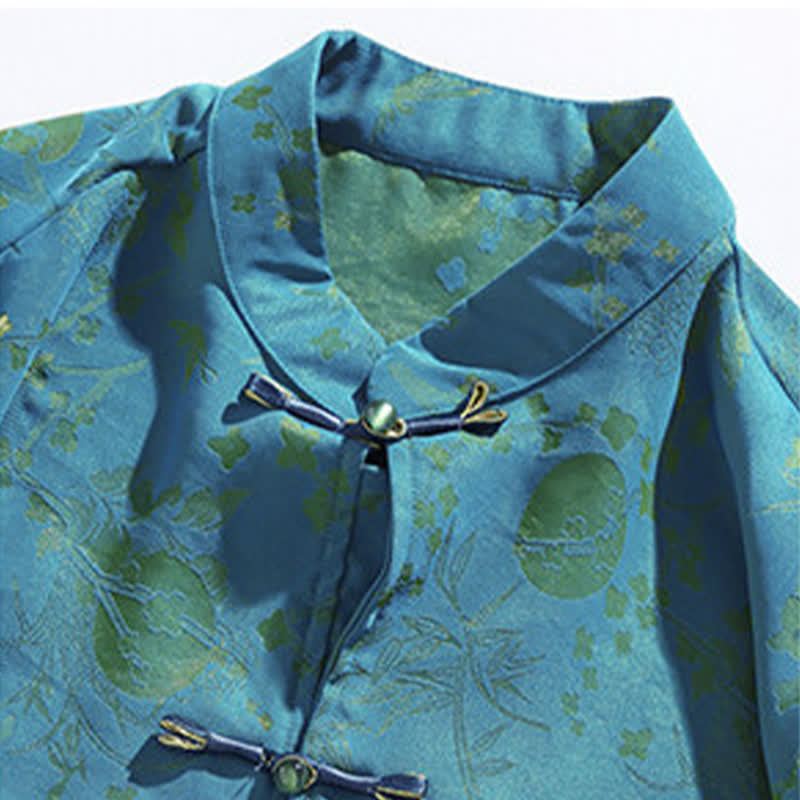 Buddha Stones Summer Tang Style Mandarin Collar Frog Button Side Slit Solid Men's Elbow-Length Sleeve Shirts - image 3