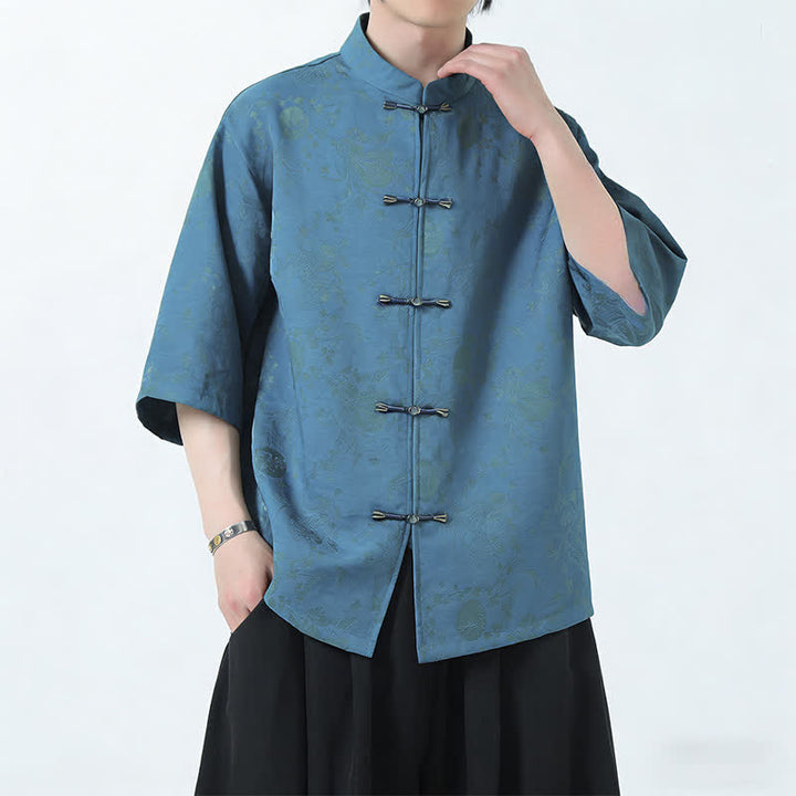 Buddha Stones Summer Tang Style Mandarin Collar Frog Button Side Slit Solid Men's Elbow-Length Sleeve Shirts - CadetBlue - US/UK/AU46，EU56 (5XL) - image 0