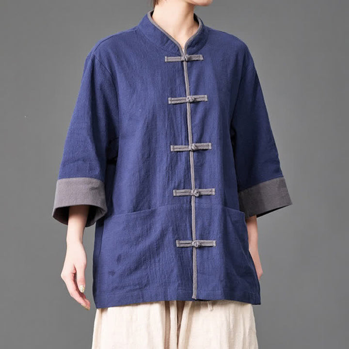 Buddha Stones Summer Tang Style Mandarin Collar Frog button Solid  Men's Elbow-Length Sleeve Shirts With Pockets - image 3