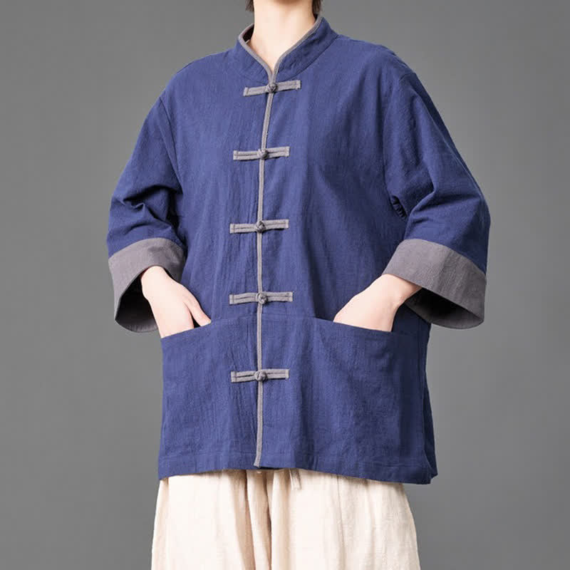 Buddha Stones Summer Tang Style Mandarin Collar Frog button Solid  Men's Elbow-Length Sleeve Shirts With Pockets - image 2