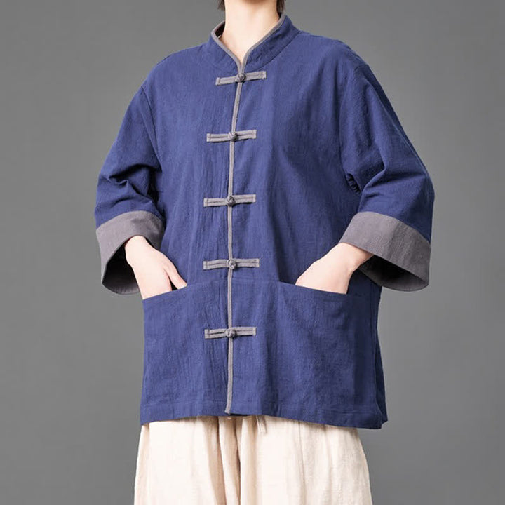 Buddha Stones Summer Tang Style Mandarin Collar Frog button Solid  Men's Elbow-Length Sleeve Shirts With Pockets - image 2