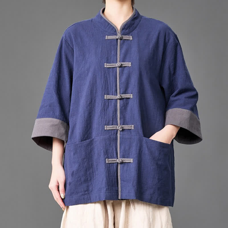 Buddha Stones Summer Tang Style Mandarin Collar Frog button Solid  Men's Elbow-Length Sleeve Shirts With Pockets - Navy - US/UK/AU46，EU56 (5XL) - image 0