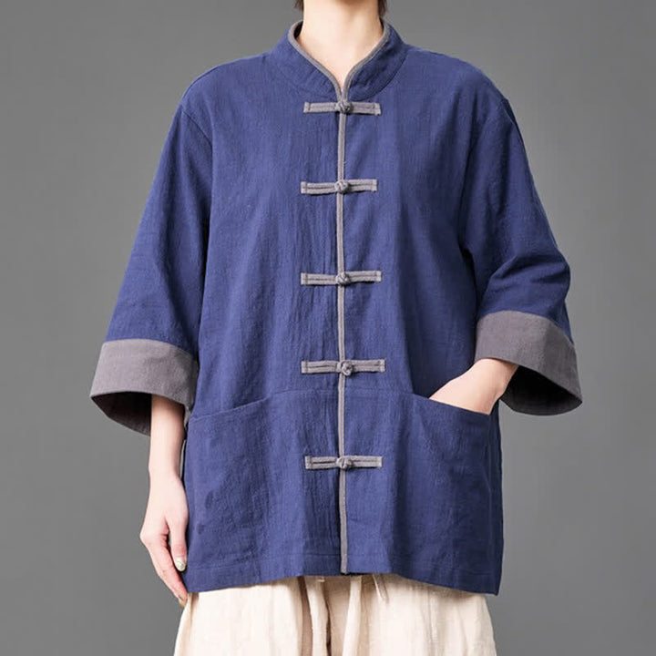 Buddha Stones Summer Tang Style Mandarin Collar Frog button Solid  Men's Elbow-Length Sleeve Shirts With Pockets - Navy - US/UK/AU46，EU56 (5XL) - image 0