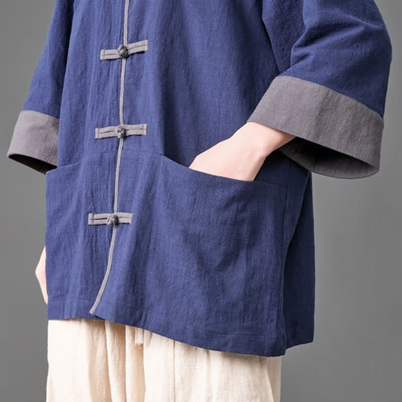 Buddha Stones Summer Tang Style Mandarin Collar Frog button Solid  Men's Elbow-Length Sleeve Shirts With Pockets - image 5