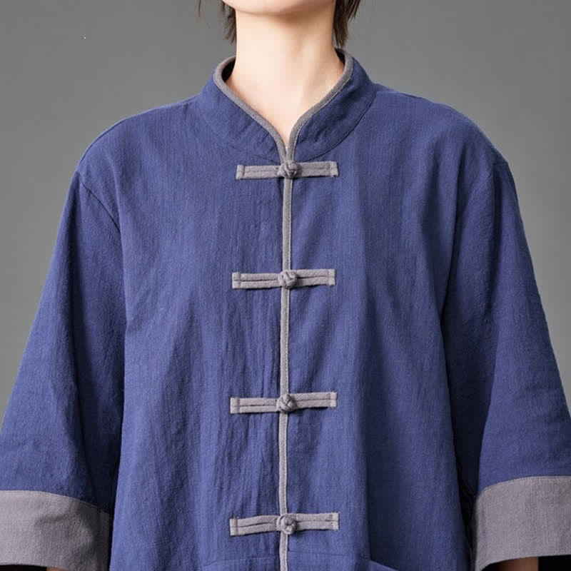 Buddha Stones Summer Tang Style Mandarin Collar Frog button Solid  Men's Elbow-Length Sleeve Shirts With Pockets - image 4