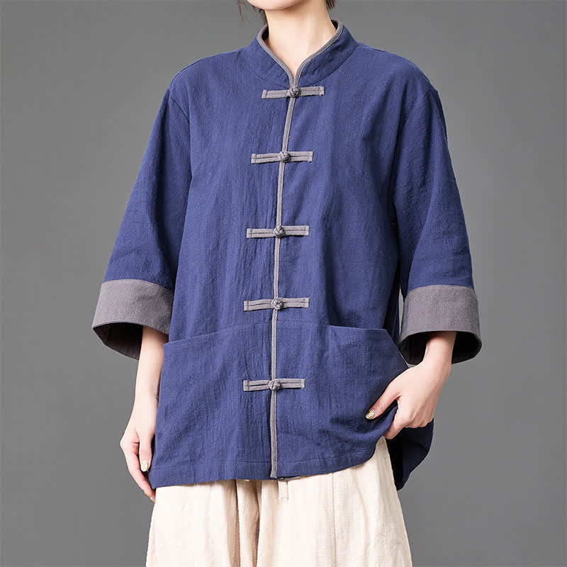 Buddha Stones Summer Tang Style Mandarin Collar Frog button Solid  Men's Elbow-Length Sleeve Shirts With Pockets - image 1