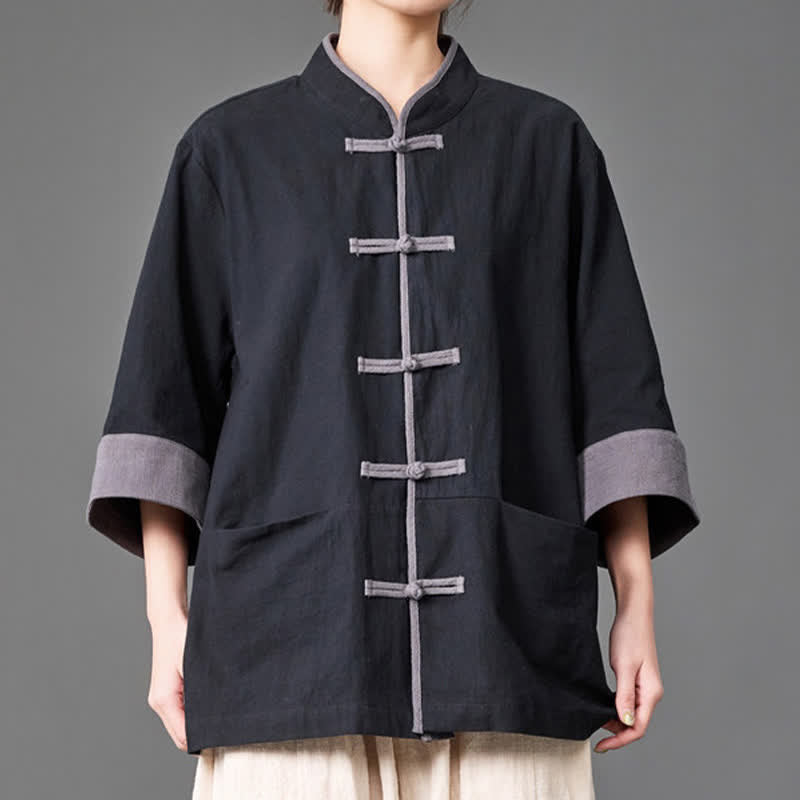 Buddha Stones Summer Tang Style Mandarin Collar Frog button Solid  Men's Elbow-Length Sleeve Shirts With Pockets - image 9