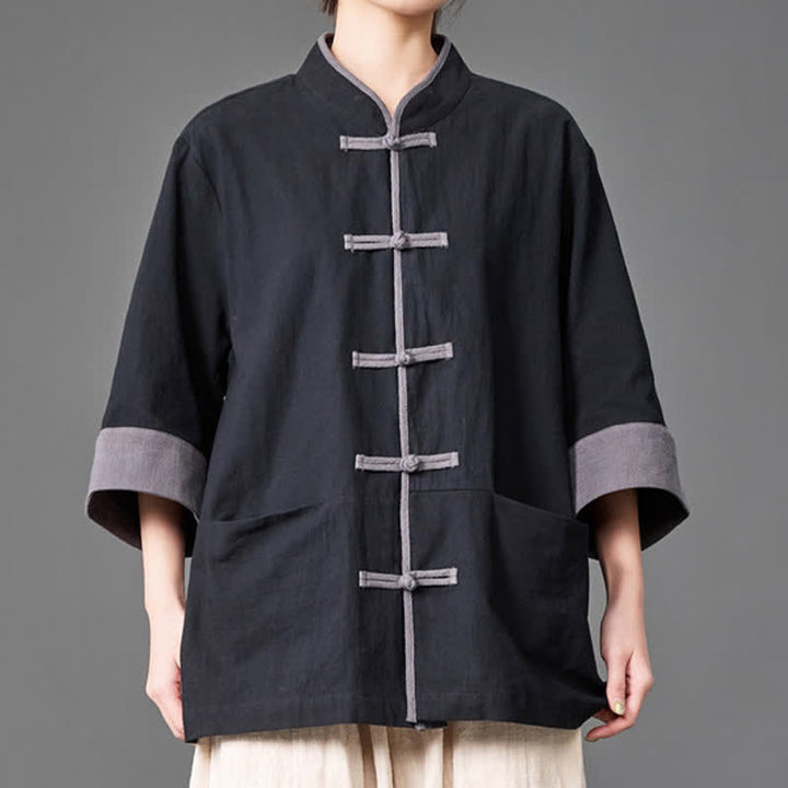 Buddha Stones Summer Tang Style Mandarin Collar Frog button Solid  Men's Elbow-Length Sleeve Shirts With Pockets - image 9