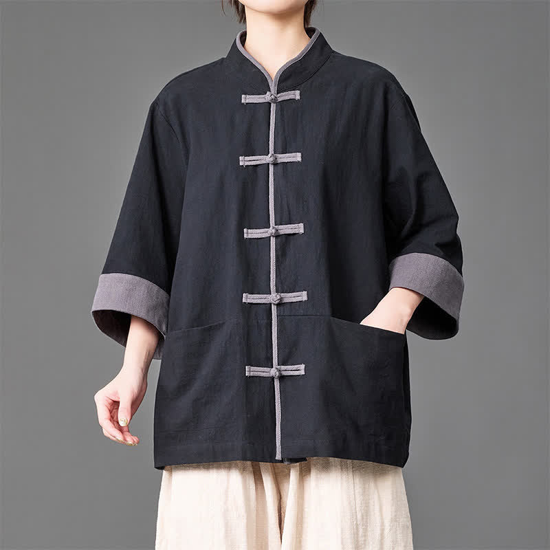 Buddha Stones Summer Tang Style Mandarin Collar Frog button Solid  Men's Elbow-Length Sleeve Shirts With Pockets - Black - US/UK/AU46，EU56 (5XL) - image 6