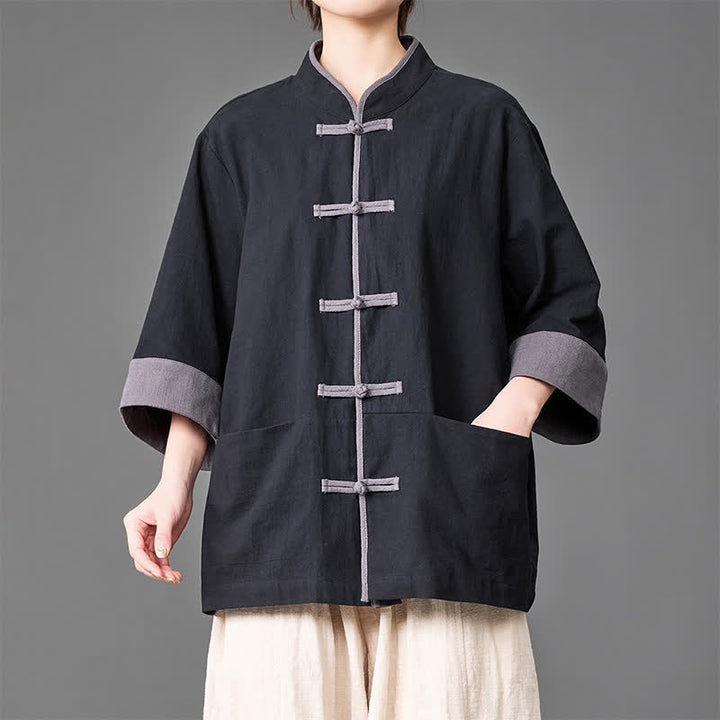 Buddha Stones Summer Tang Style Mandarin Collar Frog button Solid  Men's Elbow-Length Sleeve Shirts With Pockets - Black - US/UK/AU46，EU56 (5XL) - image 6