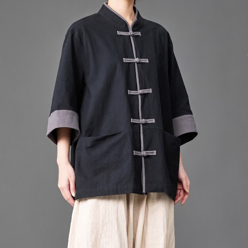Buddha Stones Summer Tang Style Mandarin Collar Frog button Solid  Men's Elbow-Length Sleeve Shirts With Pockets - image 7