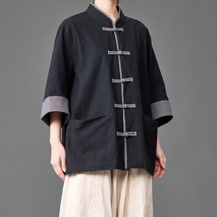 Buddha Stones Summer Tang Style Mandarin Collar Frog button Solid  Men's Elbow-Length Sleeve Shirts With Pockets - image 7