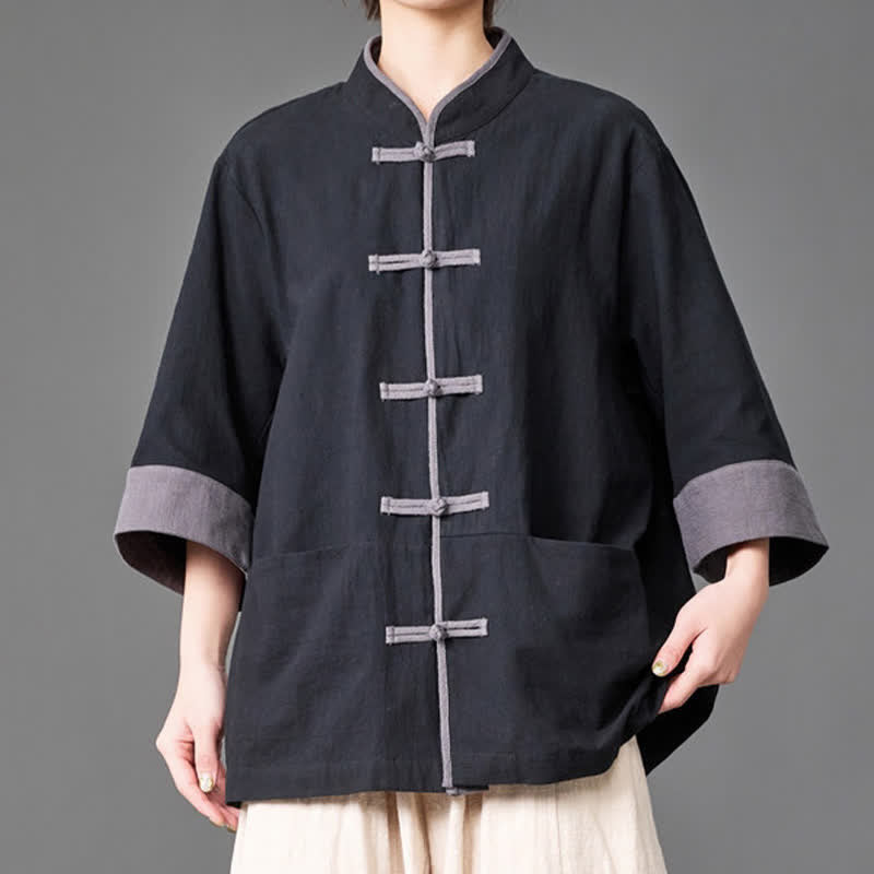 Buddha Stones Summer Tang Style Mandarin Collar Frog button Solid  Men's Elbow-Length Sleeve Shirts With Pockets - image 8