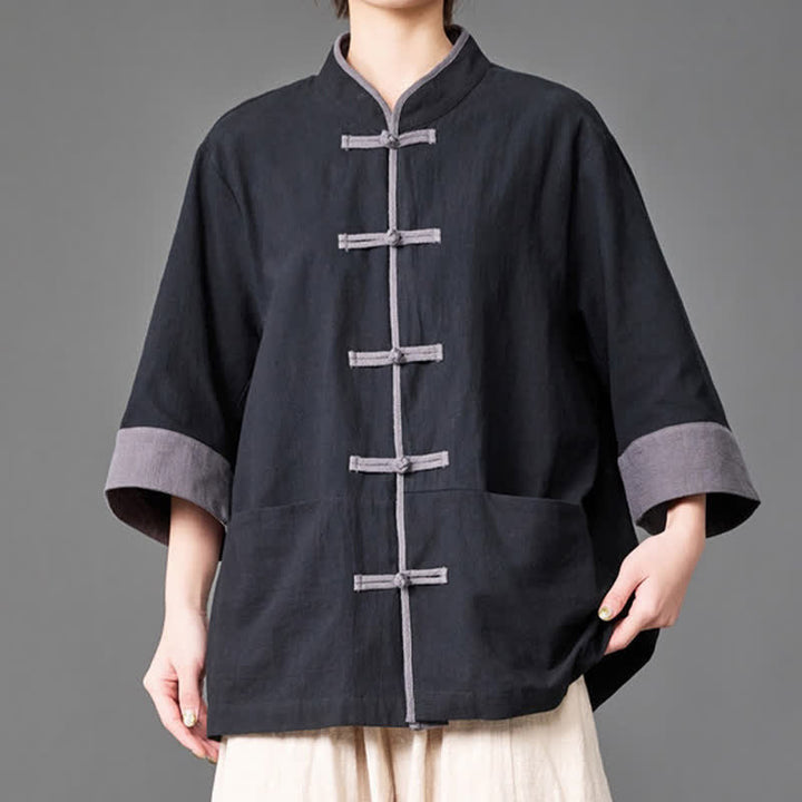 Buddha Stones Summer Tang Style Mandarin Collar Frog button Solid  Men's Elbow-Length Sleeve Shirts With Pockets - image 8