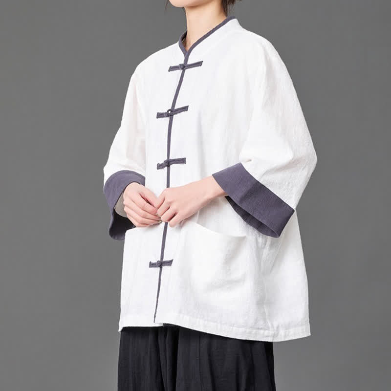 Buddha Stones Summer Tang Style Mandarin Collar Frog button Solid  Men's Elbow-Length Sleeve Shirts With Pockets - image 14