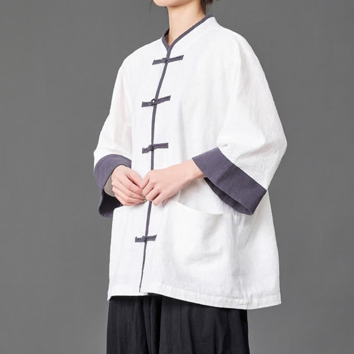 Buddha Stones Summer Tang Style Mandarin Collar Frog button Solid  Men's Elbow-Length Sleeve Shirts With Pockets - image 14