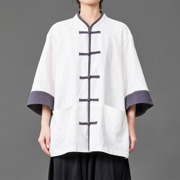 Buddha Stones Summer Tang Style Mandarin Collar Frog button Solid  Men's Elbow-Length Sleeve Shirts With Pockets - image 12