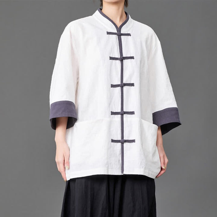 Buddha Stones Summer Tang Style Mandarin Collar Frog button Solid  Men's Elbow-Length Sleeve Shirts With Pockets - image 13