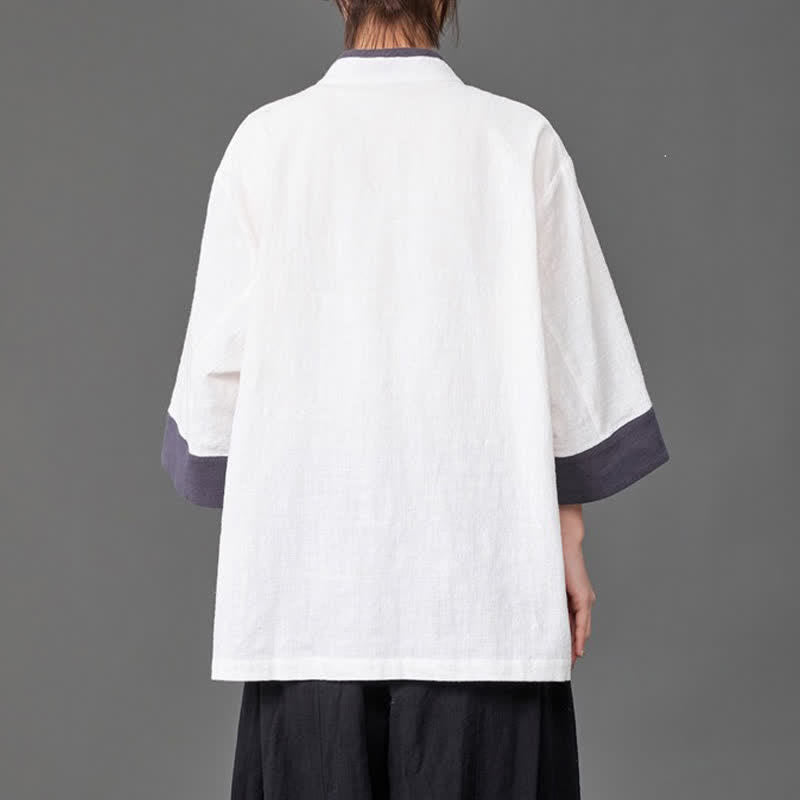 Buddha Stones Summer Tang Style Mandarin Collar Frog button Solid  Men's Elbow-Length Sleeve Shirts With Pockets - image 11