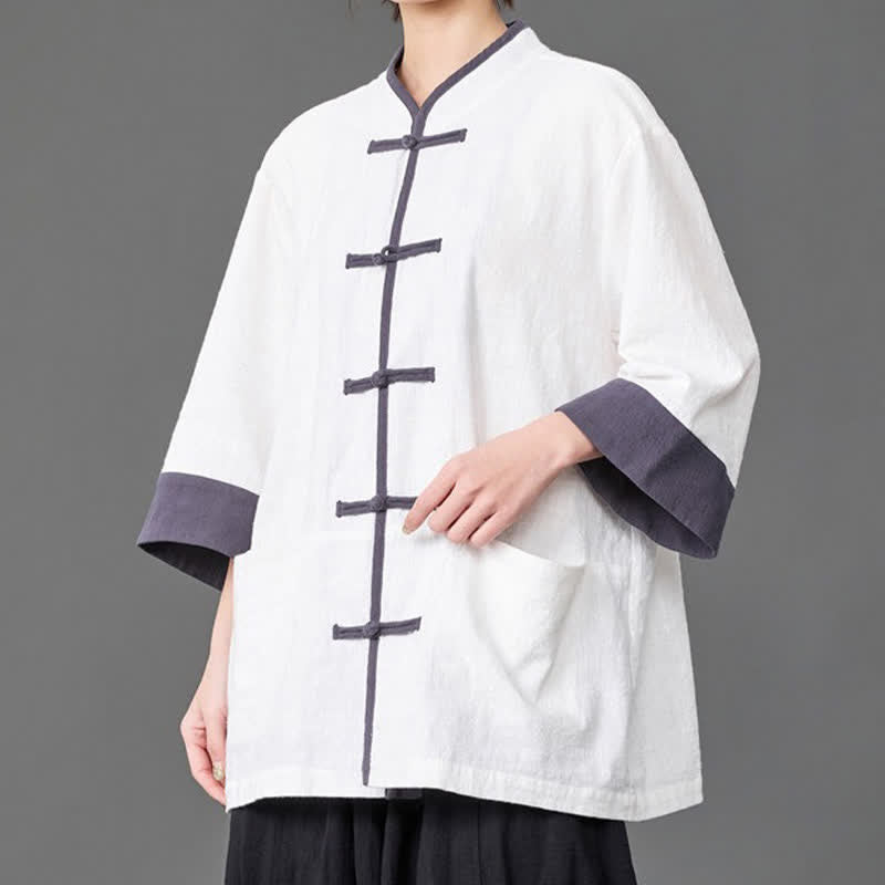 Buddha Stones Summer Tang Style Mandarin Collar Frog button Solid  Men's Elbow-Length Sleeve Shirts With Pockets - White - US/UK/AU46，EU56 (5XL) - image 10
