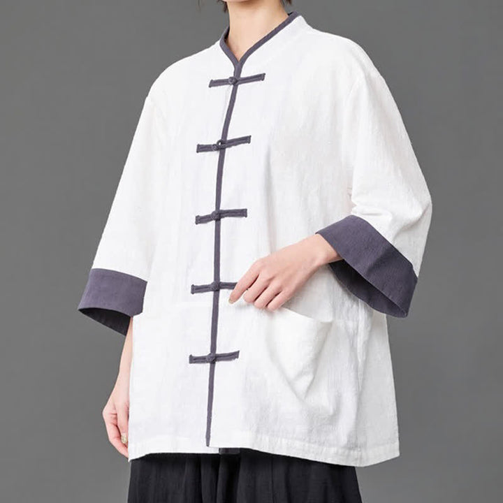 Buddha Stones Summer Tang Style Mandarin Collar Frog button Solid  Men's Elbow-Length Sleeve Shirts With Pockets - White - US/UK/AU46，EU56 (5XL) - image 10
