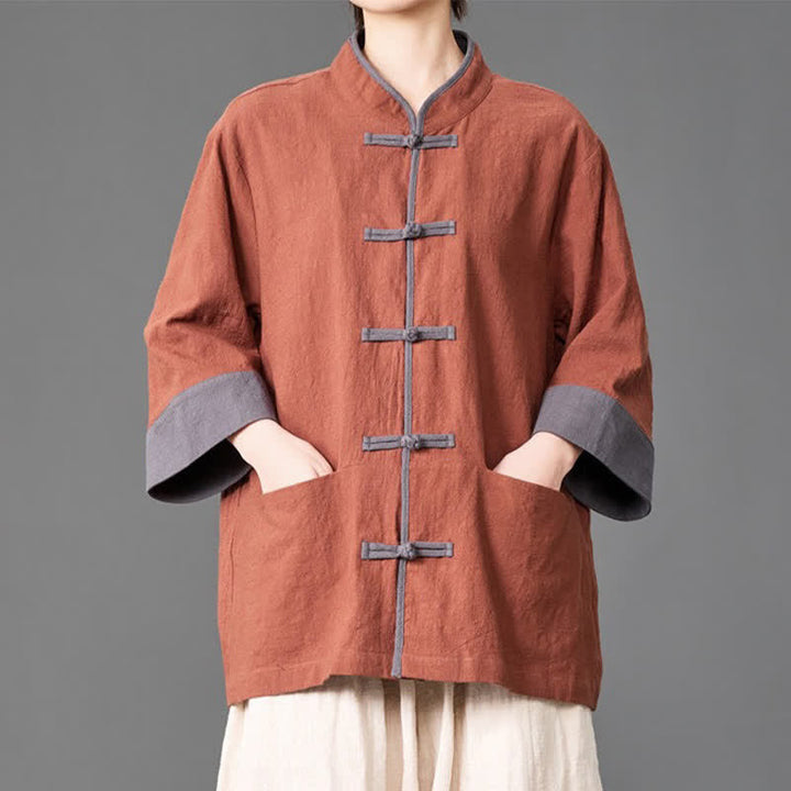 Buddha Stones Summer Tang Style Mandarin Collar Frog button Solid  Men's Elbow-Length Sleeve Shirts With Pockets - image 19