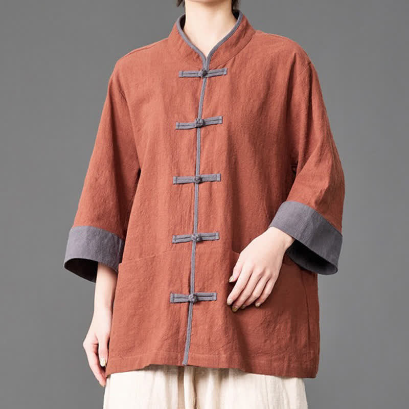 Buddha Stones Summer Tang Style Mandarin Collar Frog button Solid  Men's Elbow-Length Sleeve Shirts With Pockets - image 16