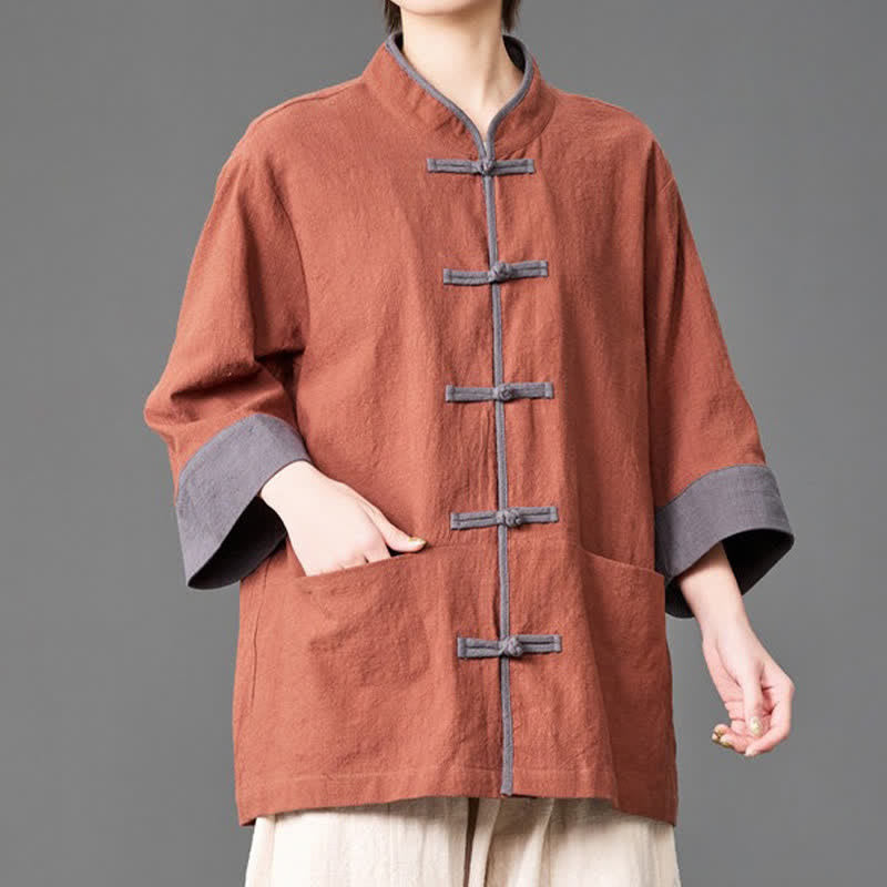 Buddha Stones Summer Tang Style Mandarin Collar Frog button Solid  Men's Elbow-Length Sleeve Shirts With Pockets - image 20