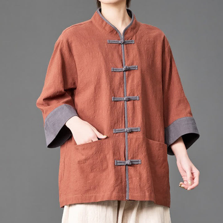 Buddha Stones Summer Tang Style Mandarin Collar Frog button Solid  Men's Elbow-Length Sleeve Shirts With Pockets - image 20
