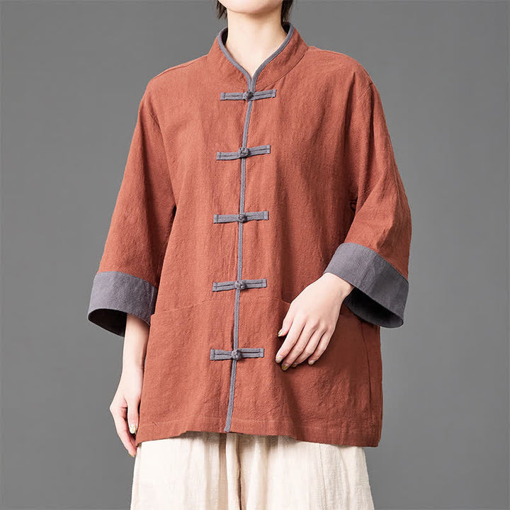Buddha Stones Summer Tang Style Mandarin Collar Frog button Solid  Men's Elbow-Length Sleeve Shirts With Pockets - image 18