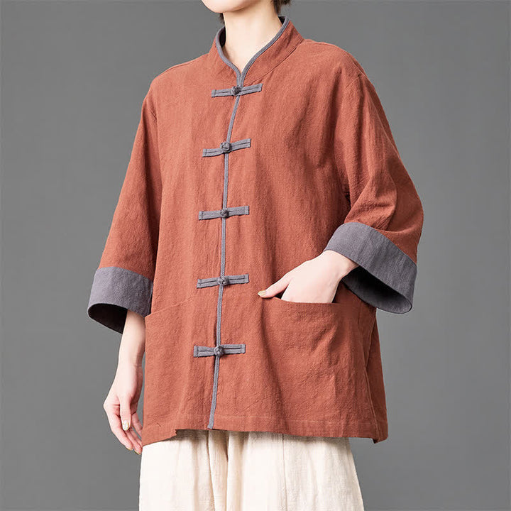 Buddha Stones Summer Tang Style Mandarin Collar Frog button Solid  Men's Elbow-Length Sleeve Shirts With Pockets - Sienna - US/UK/AU46，EU56 (5XL) - image 15