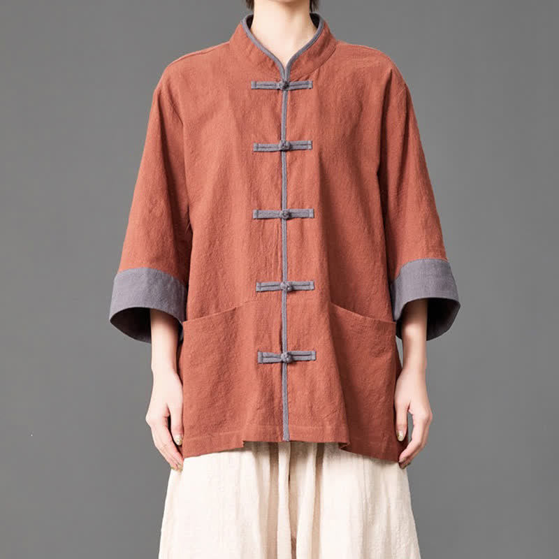 Buddha Stones Summer Tang Style Mandarin Collar Frog button Solid  Men's Elbow-Length Sleeve Shirts With Pockets - image 17